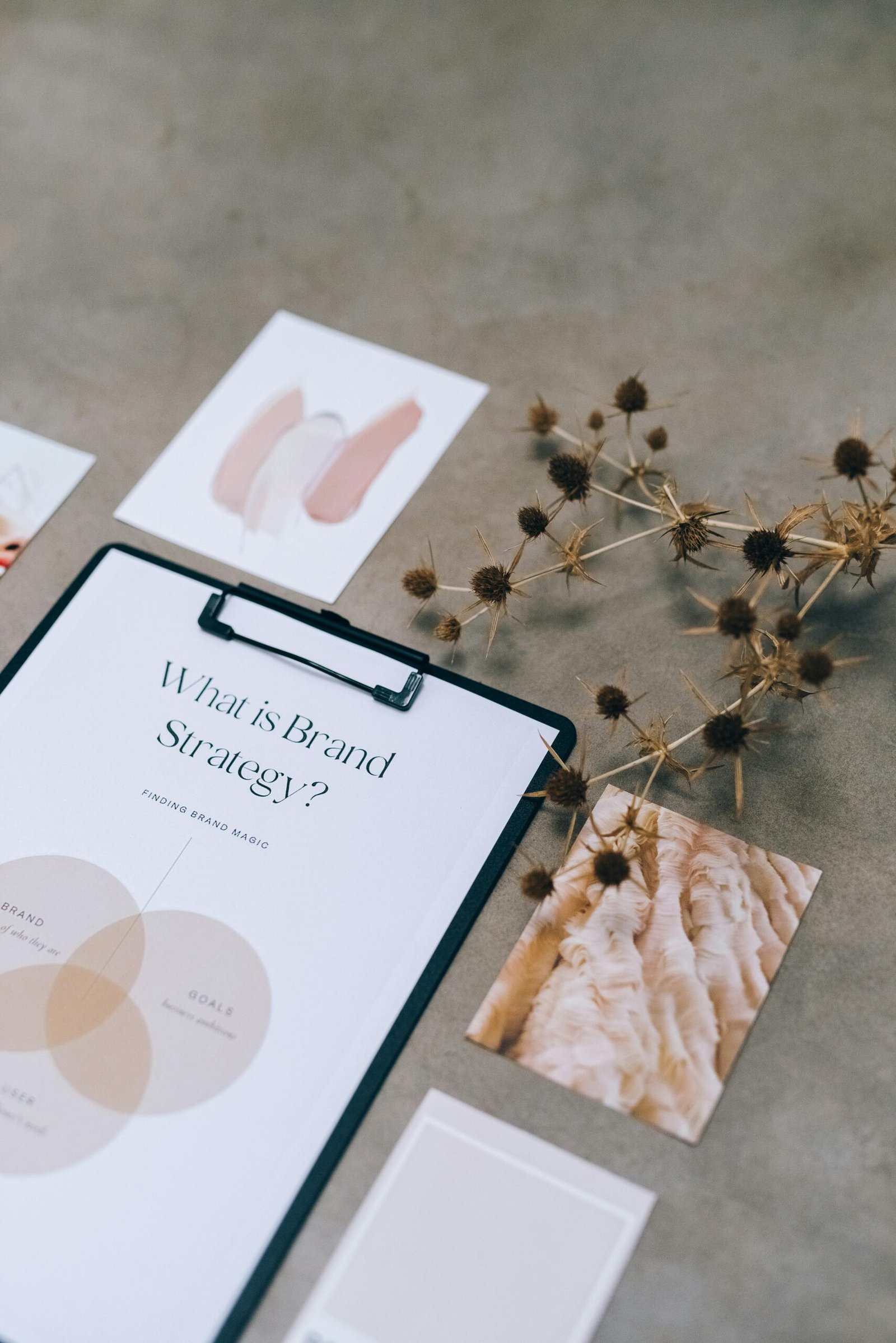 Elegant flat lay of branding strategy documents with a natural twig accent.